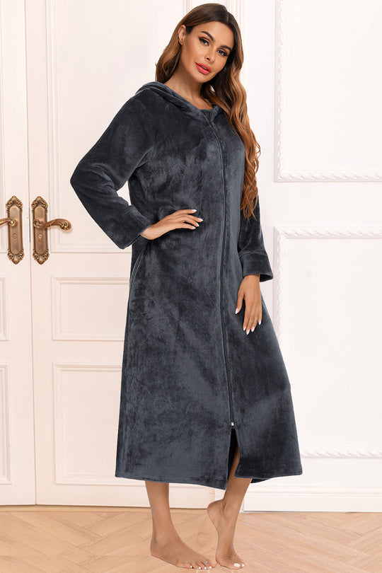 Charcoal zip-front hooded night dress with pockets, long sleeves, midi length