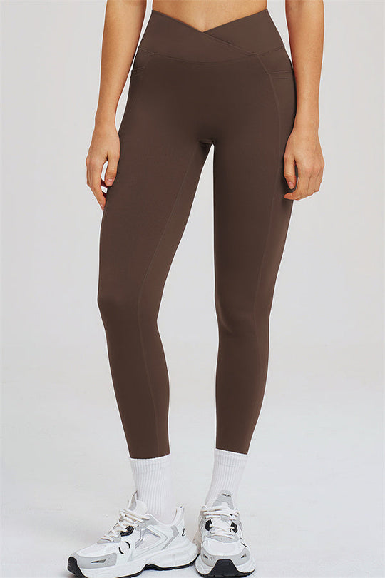 Taupe leggings front view with smooth finish and high-rise waist