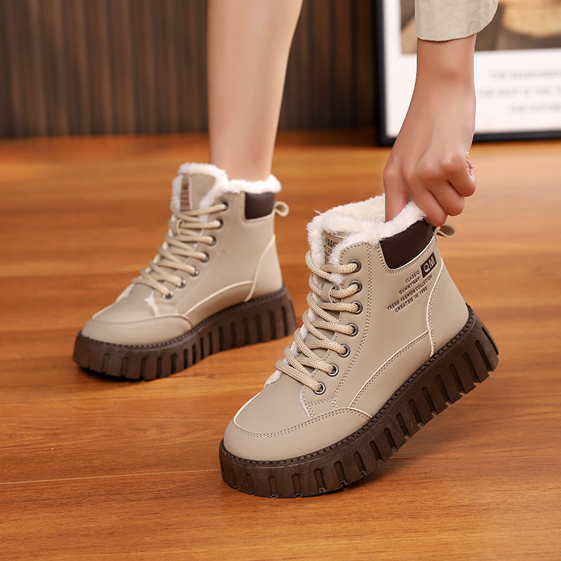 Khaki lace-up winter ankle boots with plush fleece lining and chunky tread sole