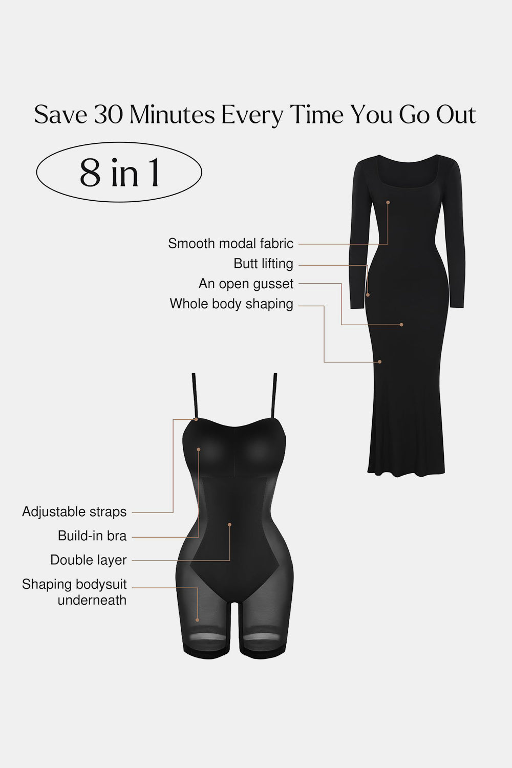Schlankendes Maxikleid mit eckigem Ausschnitt, langem Ärmel und integrierter Shapewear (schwarz)