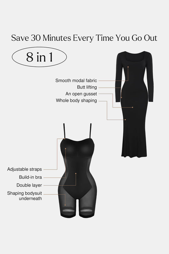 Schlankendes Maxikleid mit eckigem Ausschnitt, langem Ärmel und integrierter Shapewear (schwarz)