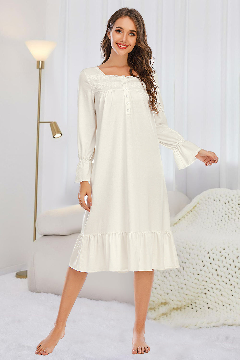 Flounce sleeve ruffle hem nightdress, white, front button placket