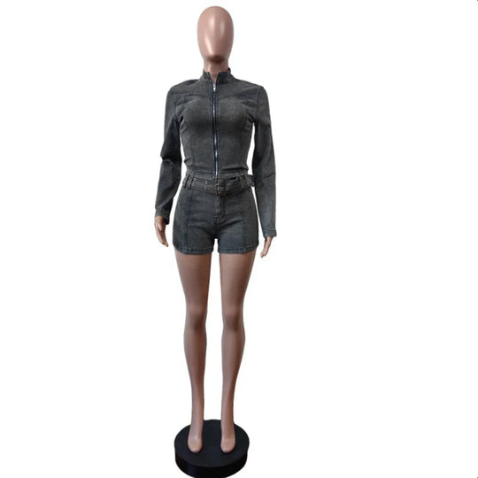 Dark gray denim 2-piece set on mannequin: zip jacket and matching shorts with belt