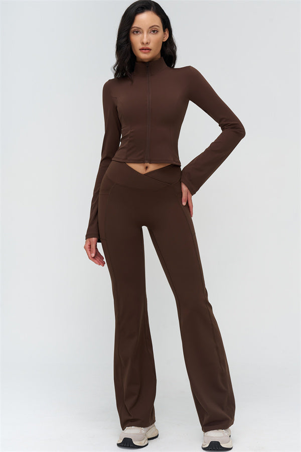 Bistre 2-piece set: cropped zip jacket and flared leggings, brown