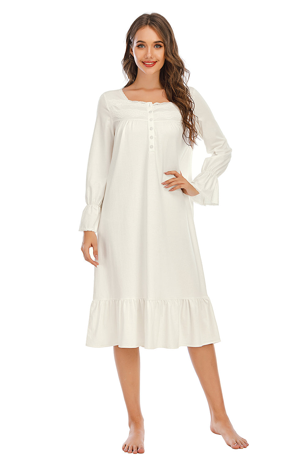 White nightdress with flounce sleeves, scoop neckline, tiered ruffle hem