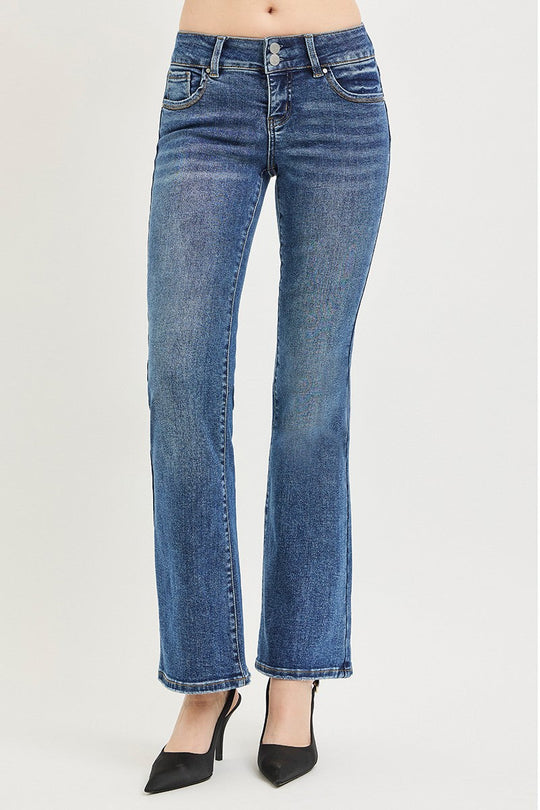 Medium wash low-rise bootcut jeans with button-fly and front pockets