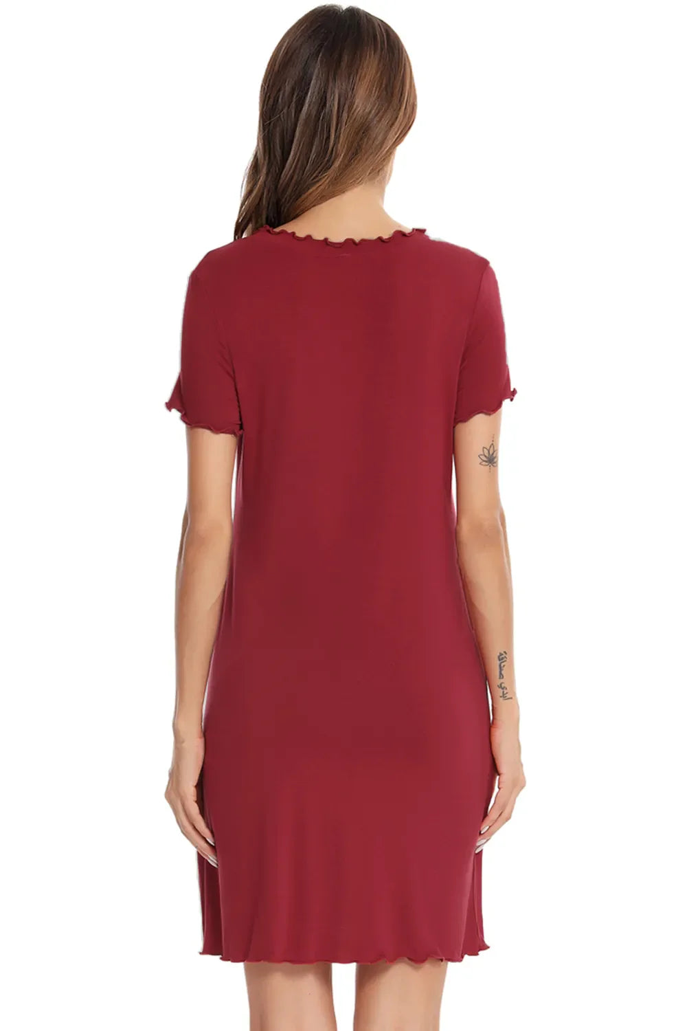 Scarlet back view of short-sleeve lounge dress, scalloped hem detail
