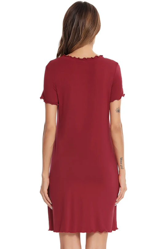 Scarlet back view of short-sleeve lounge dress, scalloped hem detail