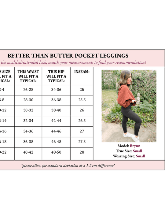 Tabla de tallas: cintura, cadera e inseam para leggings con bolsillos