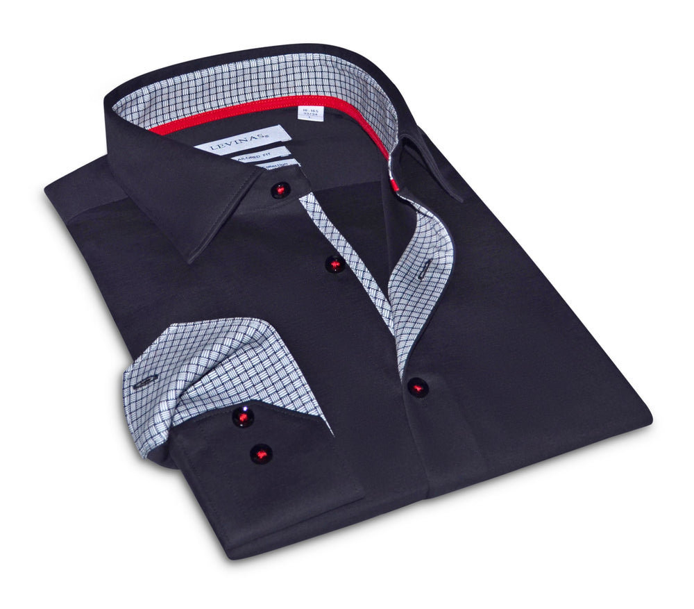 Folded black knit-stretch button-up with contrast check collar and red button accents.
