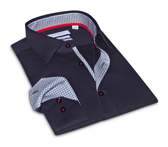 Folded black knit-stretch button-up with contrast check collar and red button accents.