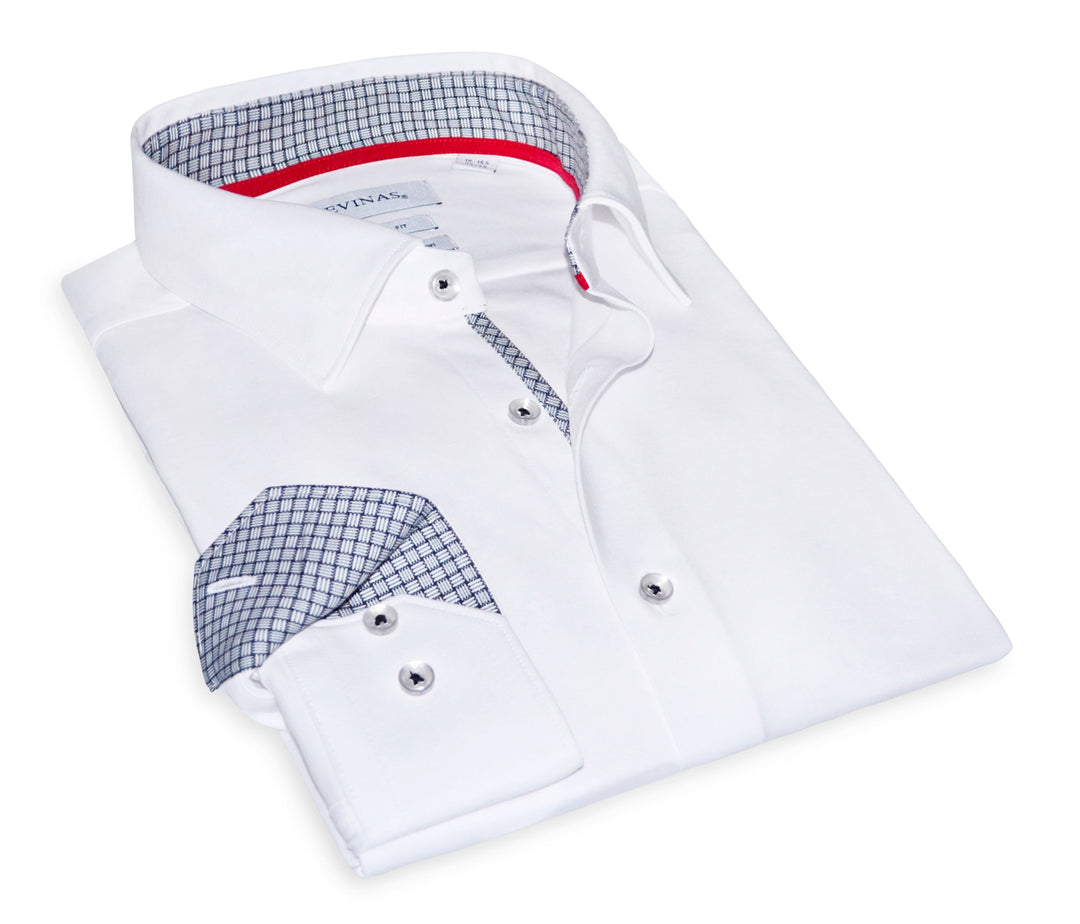 Folded white button-up with check collar lining and contrast check cuffs