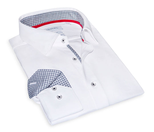 Folded white button-up with check collar lining and contrast check cuffs