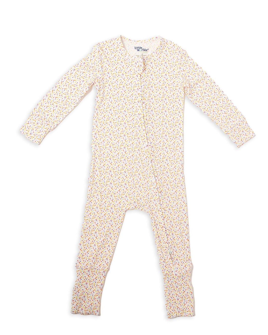Bamboo romper pajamas, long sleeve one-piece with confetti dot print, front view