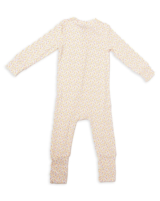 Bamboo romper pajamas, confetti dot print one-piece with long sleeves, back view