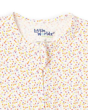 Bamboo romper pajamas zipper placket detail, multicolor confetti dot print
