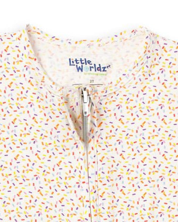 Little Worldz romper pajamas neckline with zipper placket, multicolor confetti print