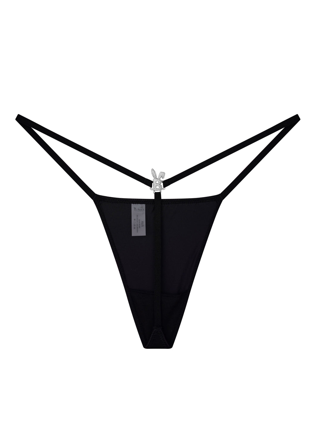 Black iced-out G-string with jeweled center clip and sheer side mesh