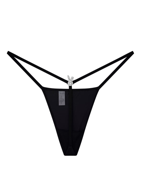 Black iced-out G-string with jeweled center clip and sheer side mesh