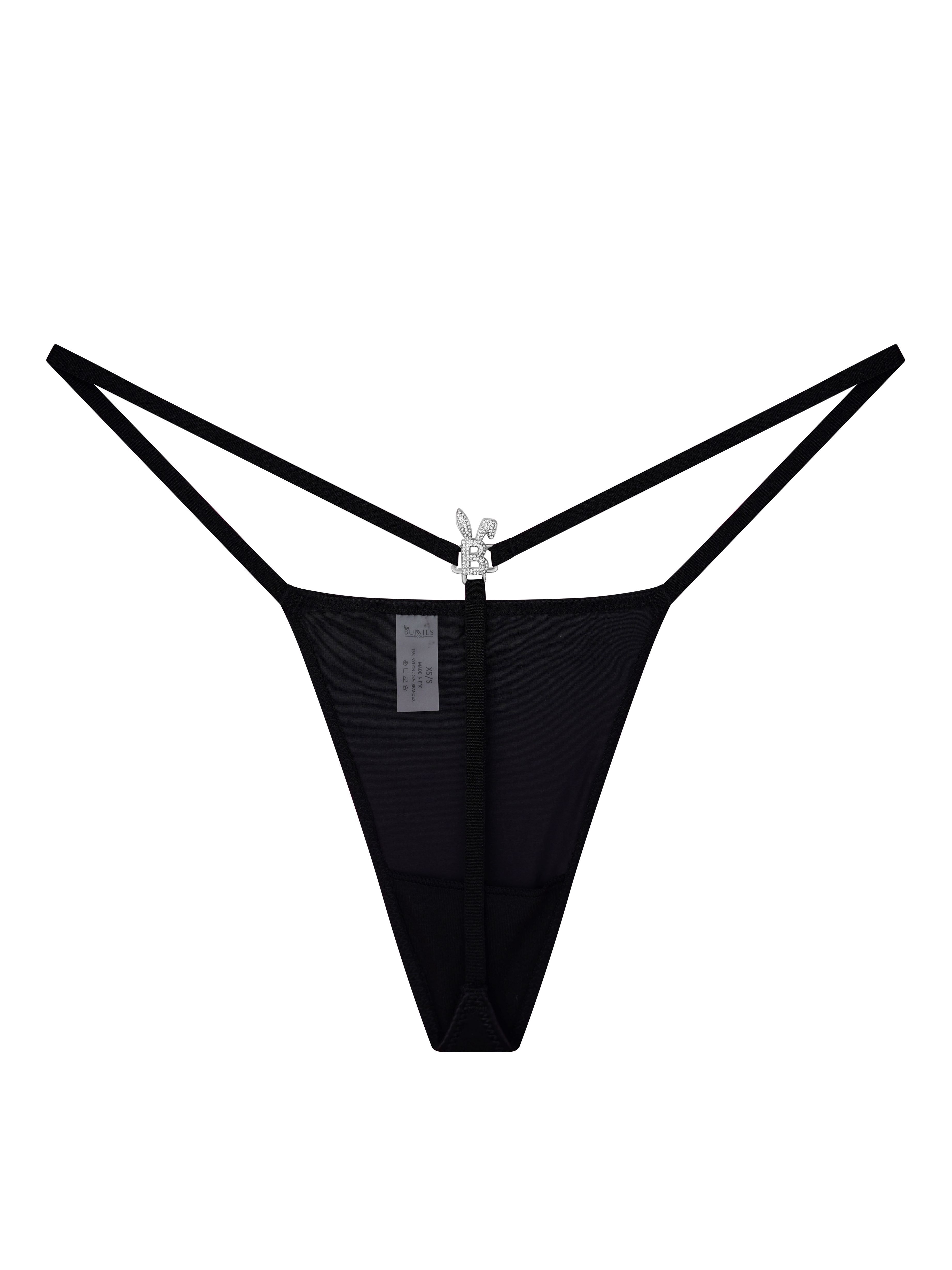 Black iced-out G-string with jeweled center clip and sheer side mesh