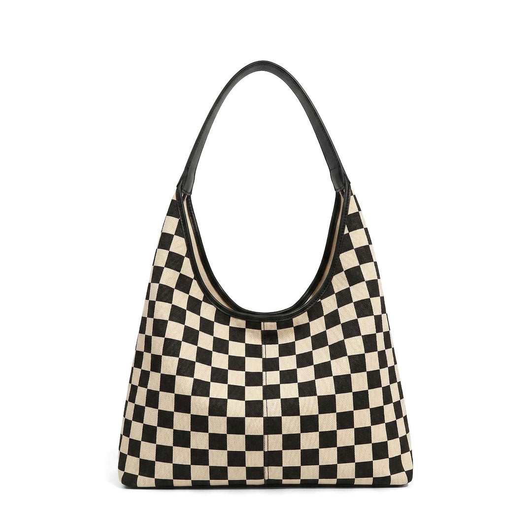 Hobo Bag schwarz-weißes Karomuster mit schwarzem Kunstledergriff