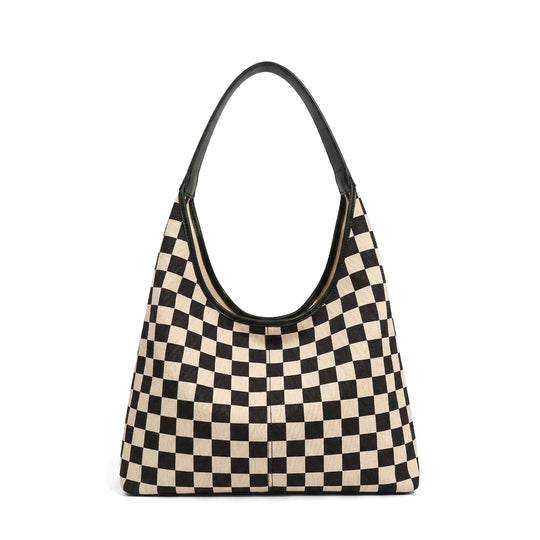 Hobo Bag schwarz-weißes Karomuster mit schwarzem Kunstledergriff