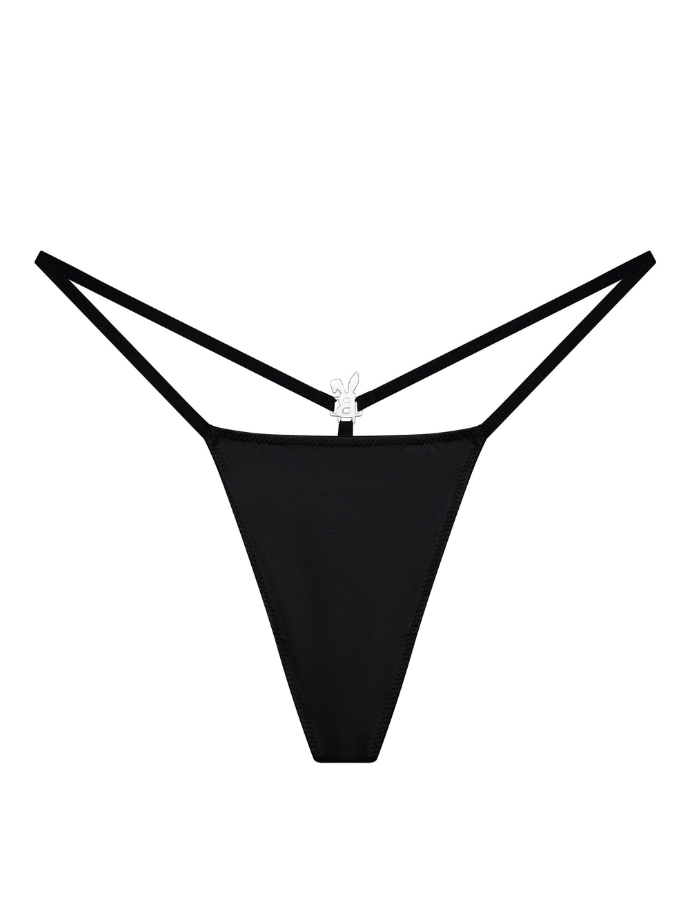 Black G-string thong with iced-out clasp at waistband center