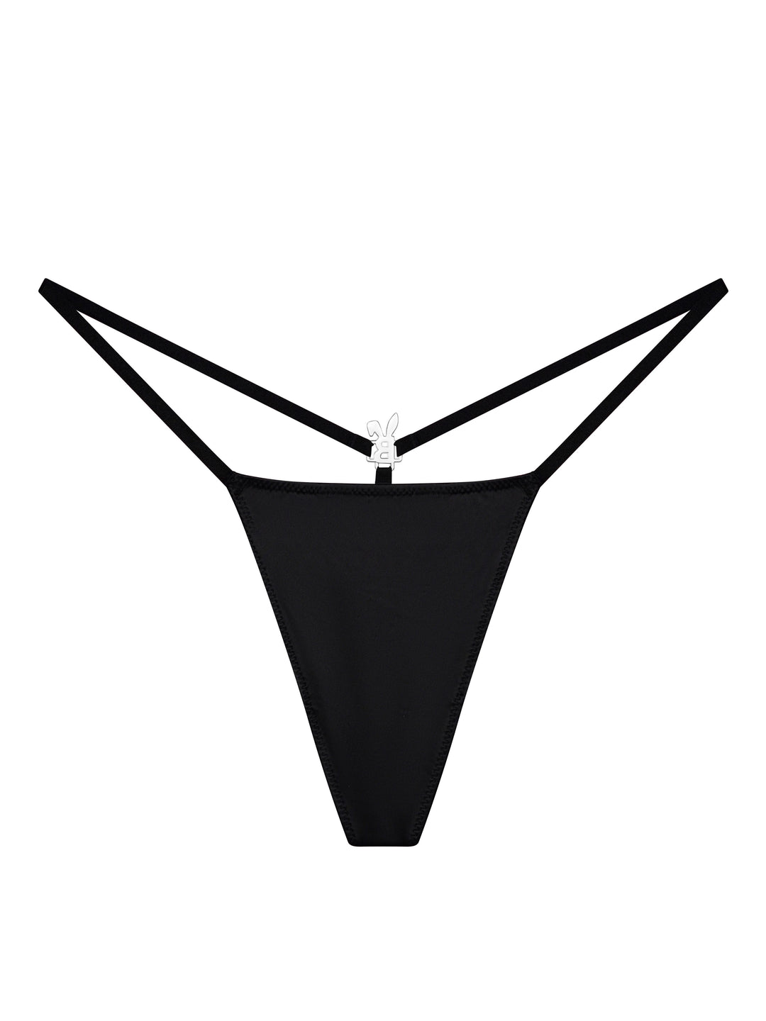 Black G-string thong with iced-out clasp at waistband center