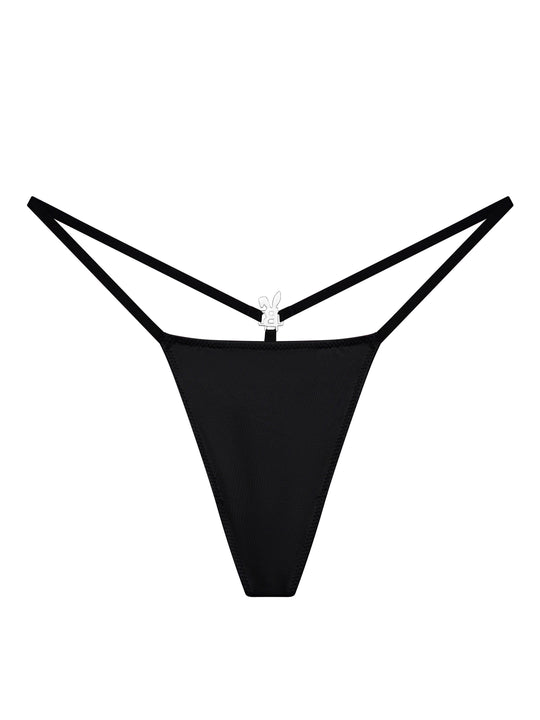 Black G-string thong with iced-out clasp at waistband center