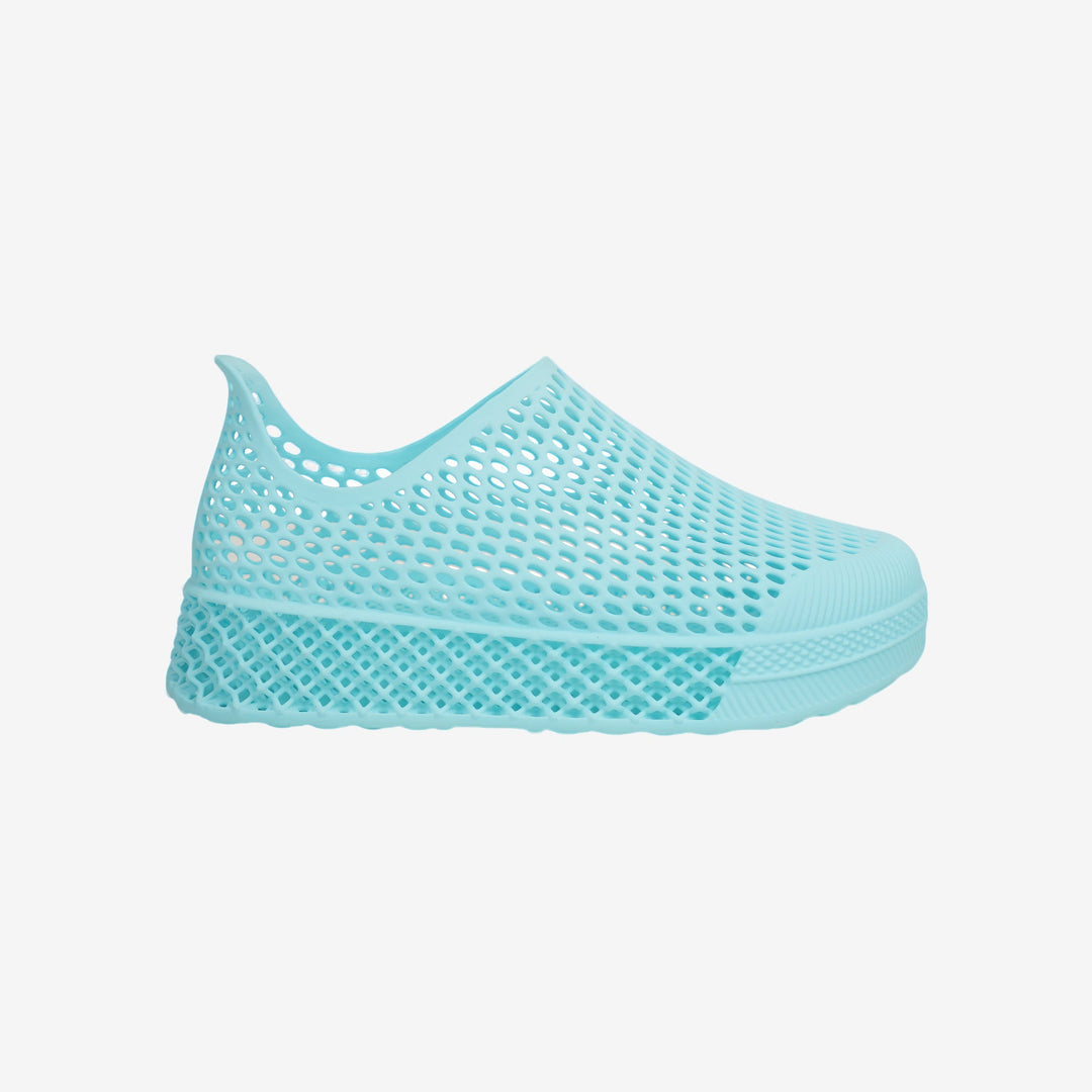 Light blue 3D printed kids slip-on shoe with perforated mesh upper and thick sole