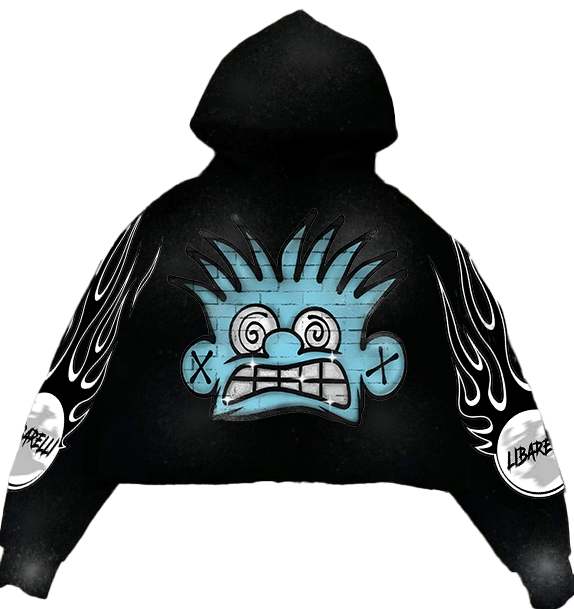 Dark hoodie with blue graphic monster face on chest and flame sleeve cuffs