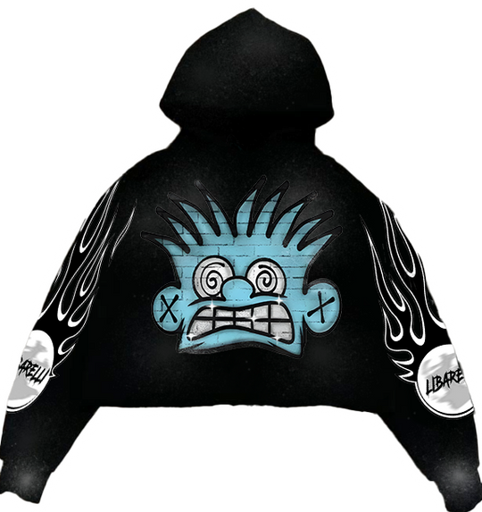 Dark hoodie with blue graphic monster face on chest and flame sleeve cuffs