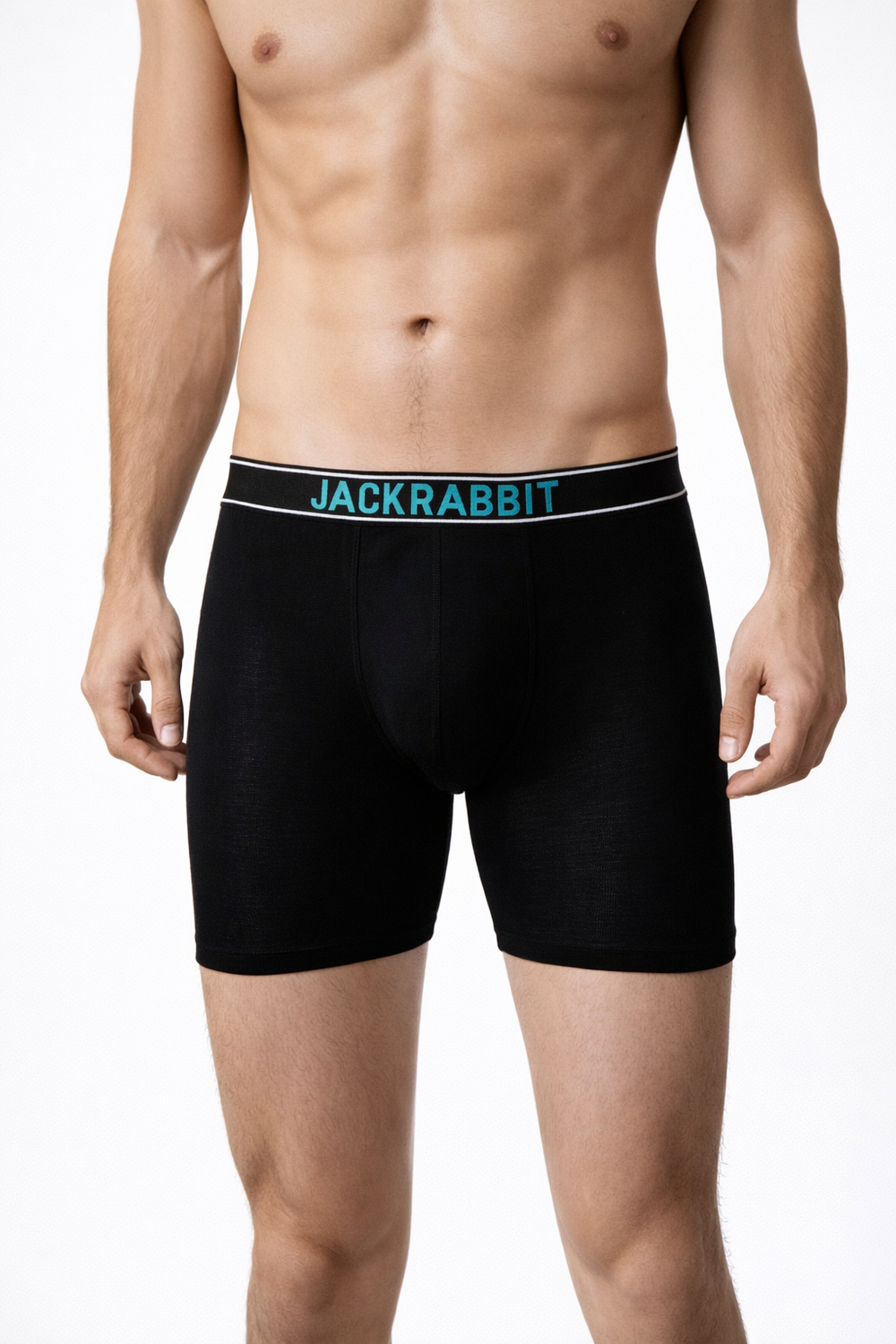 Jackrabbit Modal Boxer Briefs, schwarze Herren-Shorts mit blau-grünem Logo am Bund