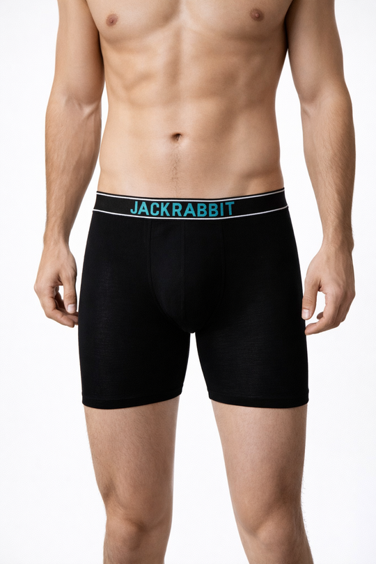 Jackrabbit Modal Boxer Briefs, schwarze Herren-Shorts mit blau-grünem Logo am Bund