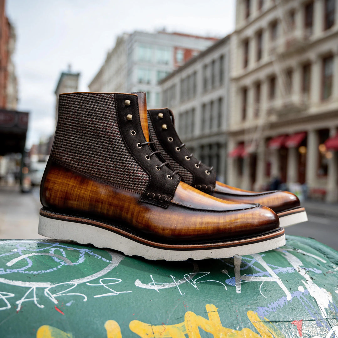 Brooklyn Patina Moc Boot II: dark herringbone upper, brown leather, lace-up
