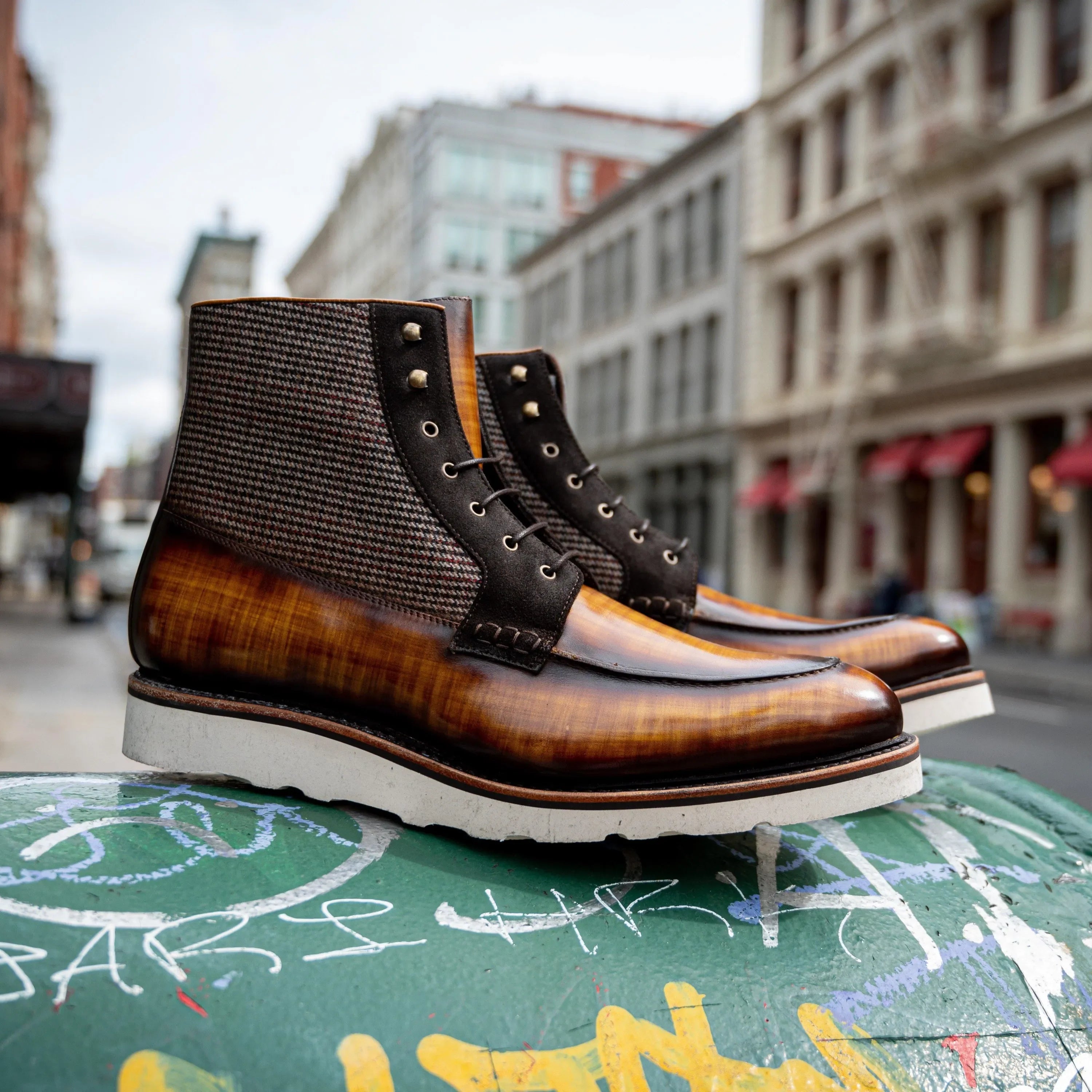 Brooklyn Patina Moc Boot II: dark herringbone upper, brown leather, lace-up