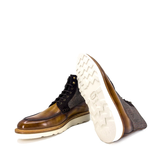 Brooklyn Patina Moc Boot II outsole view: textured sole, brown leather and herringbone upper