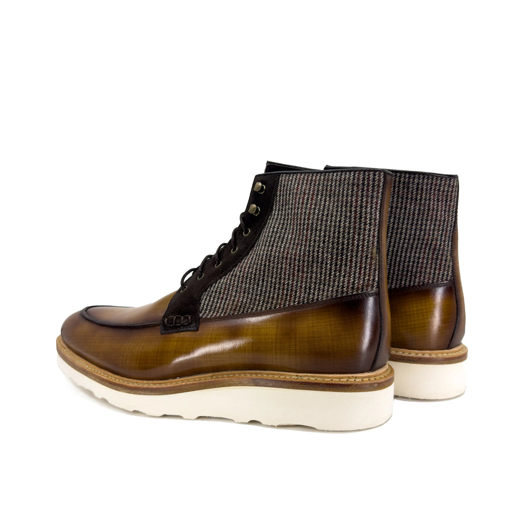 Brooklyn Patina Moc Boot II heel view: brown leather heel, herringbone shaft, lace-up