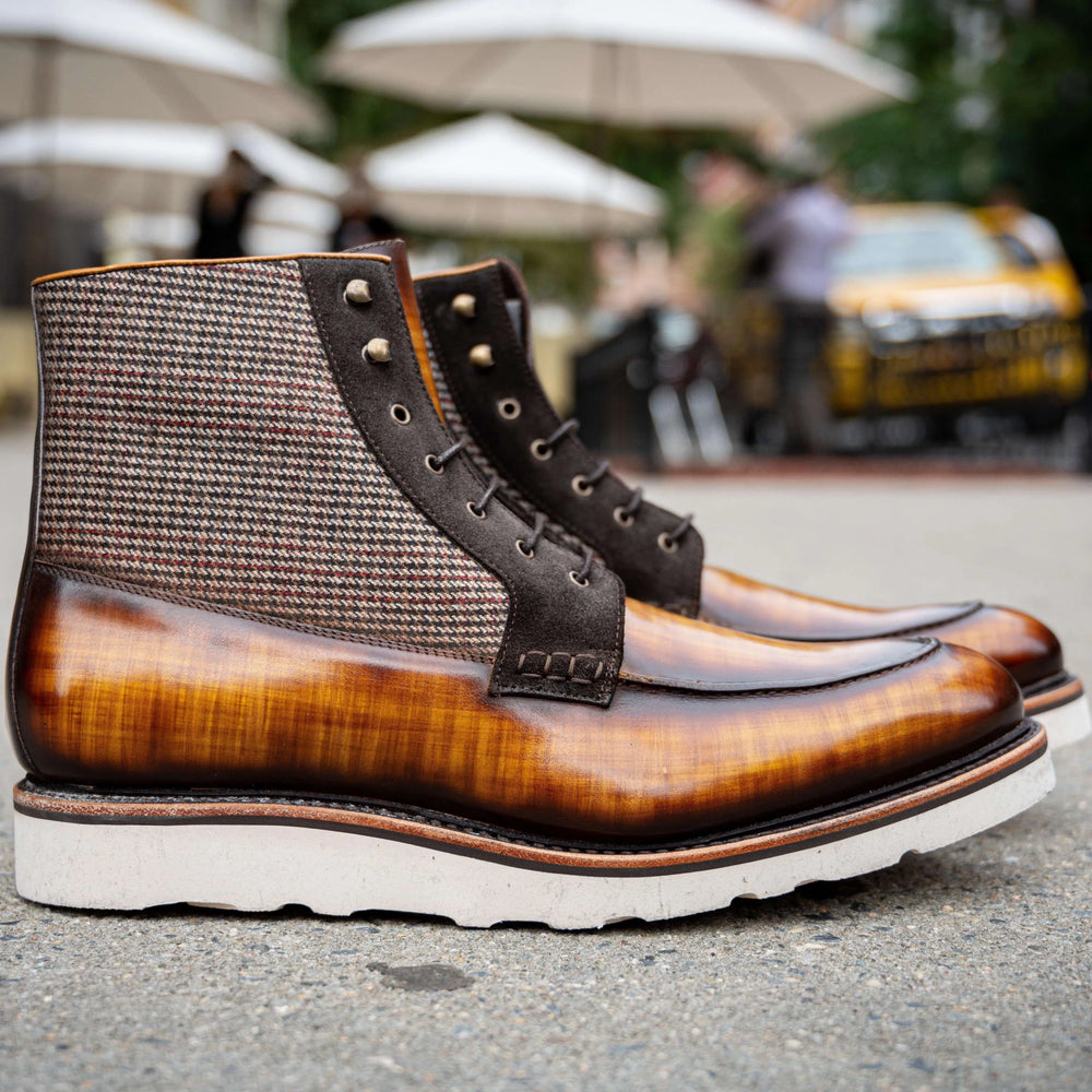 Brooklyn Patina Moc Boot II, side view: brown cap toe with dark laces and thick sole