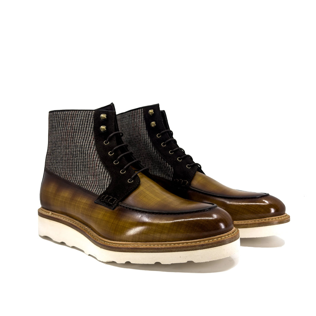 Brooklyn Patina Moc Boot II pair: herringbone collar, brown leather toe, lace-up