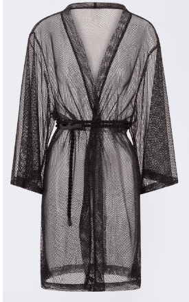 Buzios geburtetes Kimono mit Gürtel, schwarzer transparenter Mesh-Stoff mit V-Ausschnitt