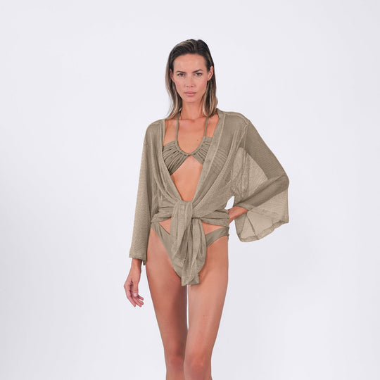 Buzios geburtetes Kimono mit Gürtel, Gold-Farbton, transparentes Mesh und Kimonoärmel