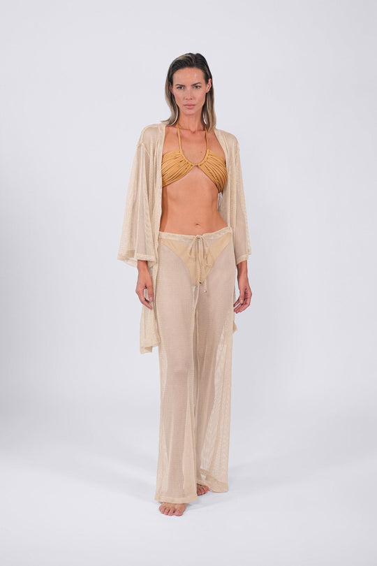 Buzios geburtetes Kimono mit Gürtel, goldener Beigefarbener, luftiges Mesh-Design