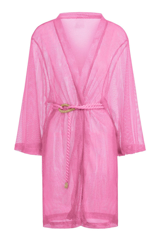 Buzios Kimono mit Gürtel, pinkes transparentes Mesh und weite Fledermausärmel