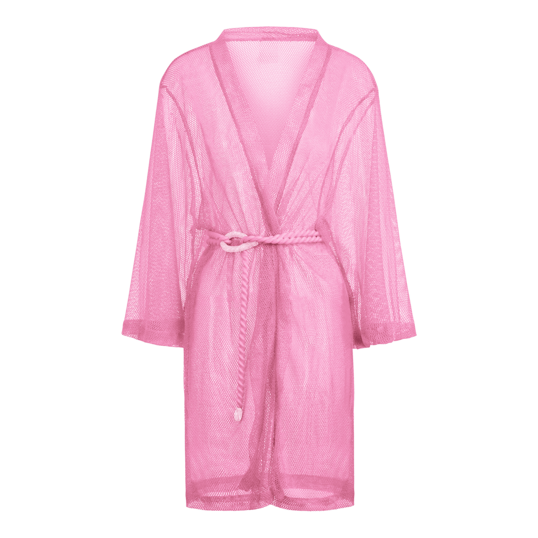 Buzios geburtetes Kimono mit Bindegürtel, pinkes Mesh mit V-Rücken und lockerer Passform