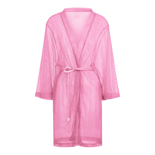 Buzios geburtetes Kimono mit Bindegürtel, pinkes Mesh mit V-Rücken und lockerer Passform