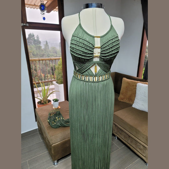Artemis Beach Party Dress, green halter maxi on mannequin with ruched cups and gold trim