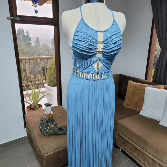 Artemis Beach Party Dress, blue halter maxi with ruched bodice and gold waist detail