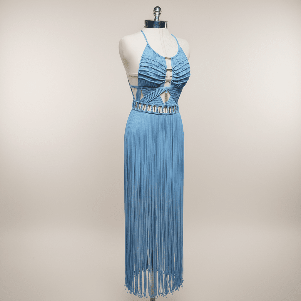 Artemis Beach Party Dress, blue back view on mannequin with crisscross halter straps