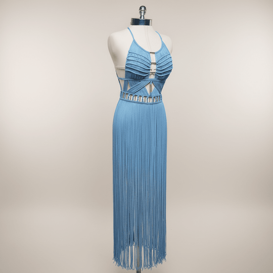 Artemis Beach Party Dress, blue back view on mannequin with crisscross halter straps